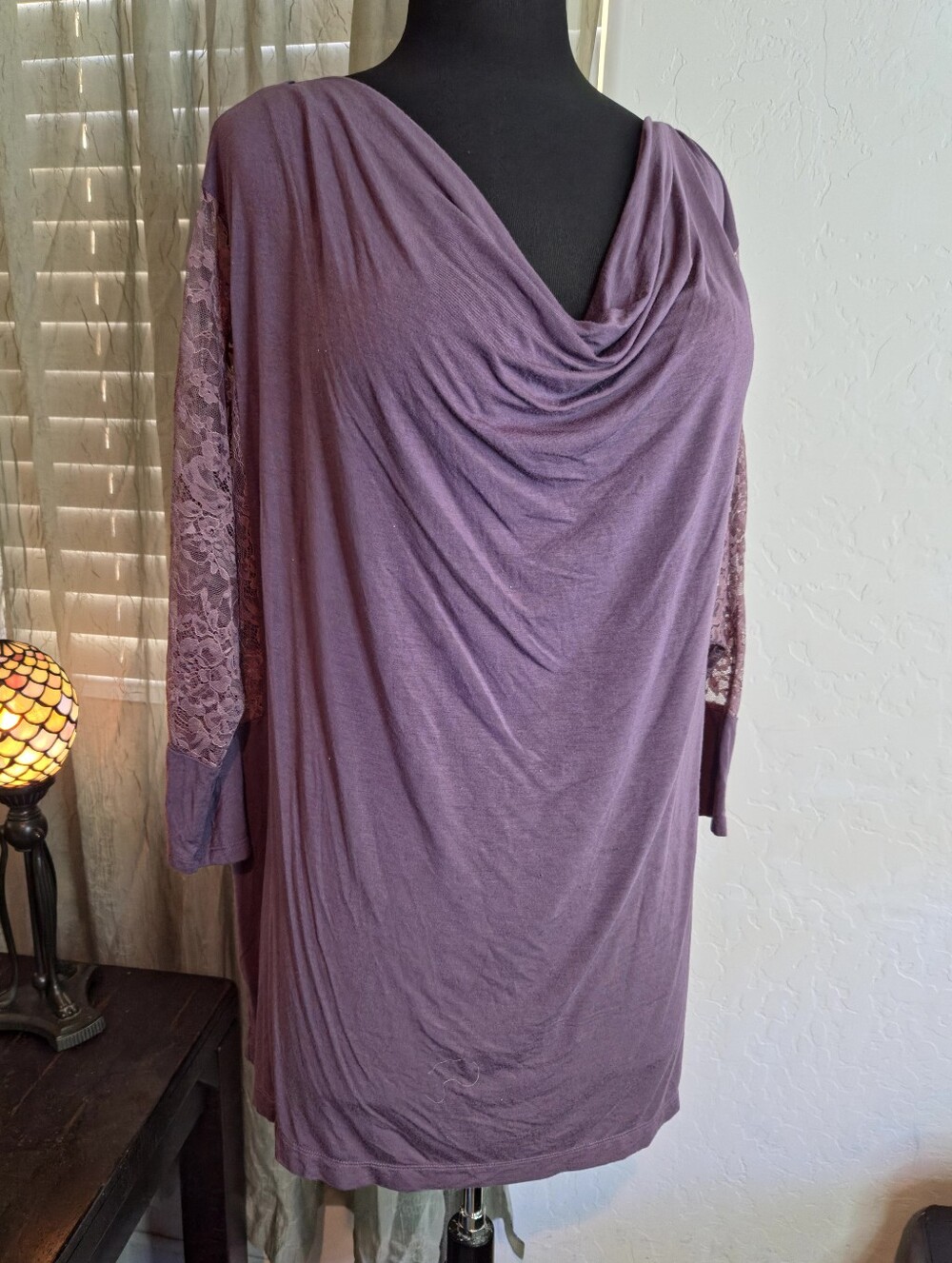 Elegant Drape Neck Lace Sleeve Tunic | Soft Mauve Purple #0371